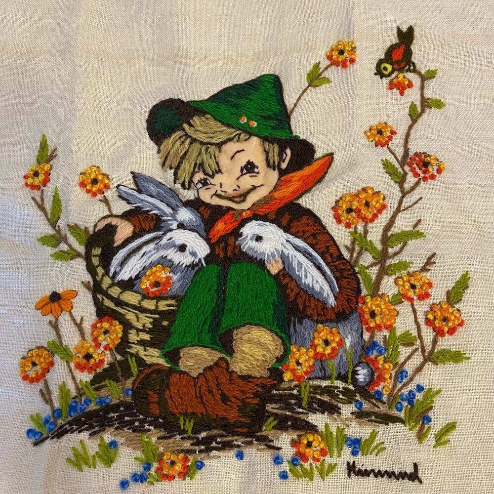 VTG 1975 Handmade Paragon Hummel Needlepoint Stitchery Pillow Cover Art Crewel